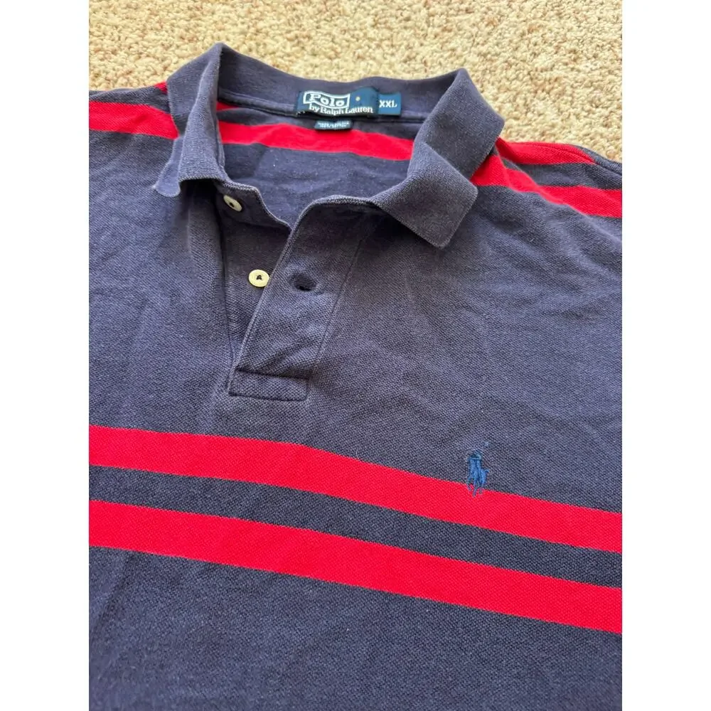Polo Ralph Lauren Striped Polo Shirt Mens XXL Navy Blue Red Cotton Short Sleeve